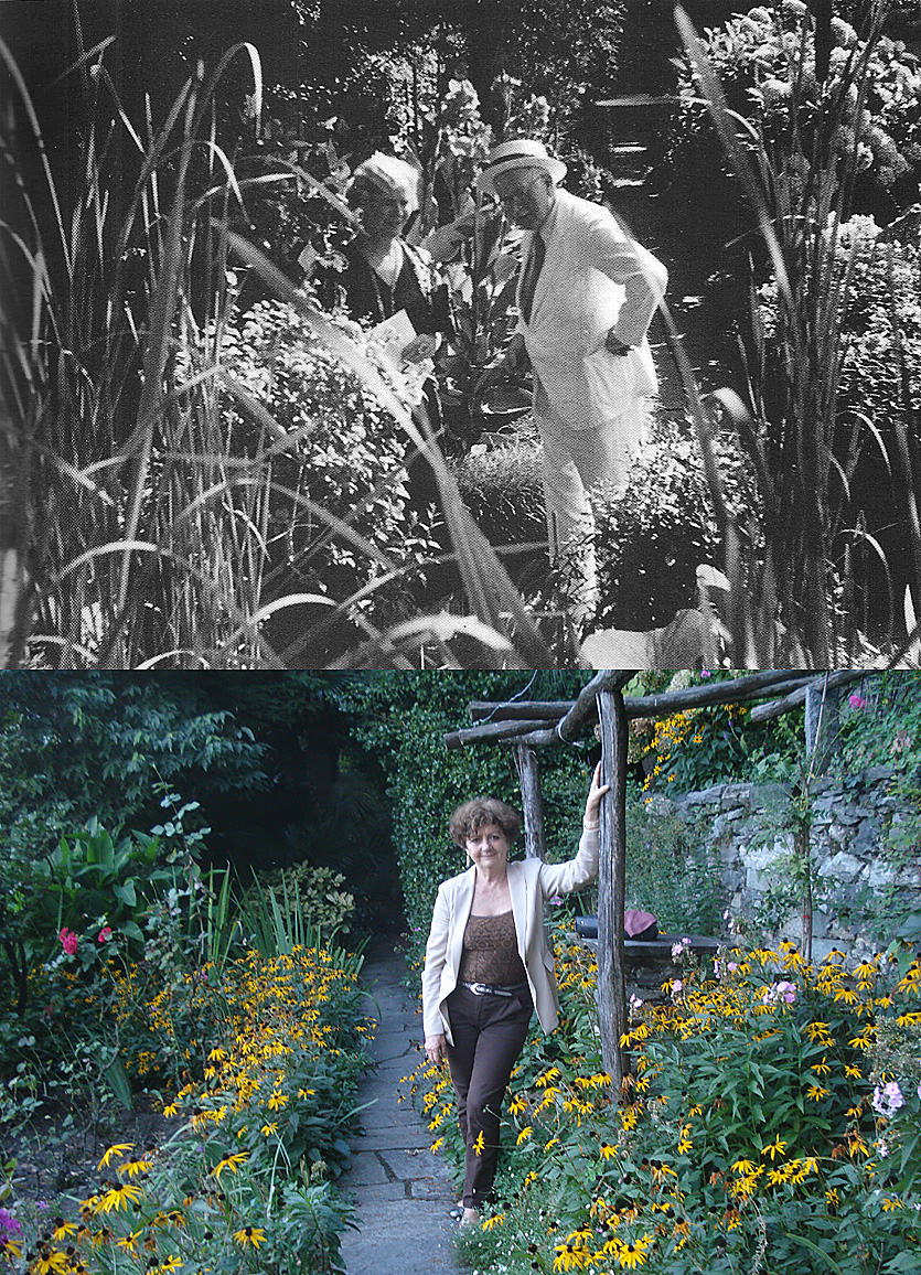 Olga Fröbe-Kapteyn et Carl Gustav Jung dans le jardin de la Fondation Eranos en 1936 / F. B. dans ce même jardin en 2014